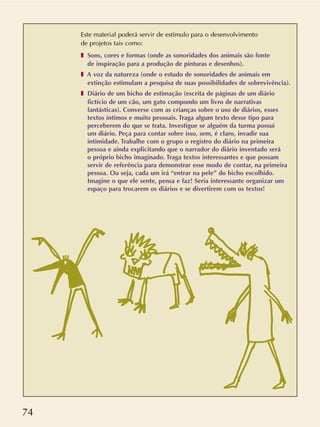 74
Este material poderá servir de estímulo para o desenvolvimento
de projetos tais como:
❚ Sons, cores e formas (onde as sonoridades dos animais são fonte
de inspiração para a produção de pinturas e desenhos).
❚ A voz da natureza (onde o estudo de sonoridades de animais em
extinção estimulam a pesquisa de suas possibilidades de sobrevivência).
❚ Diário de um bicho de estimação (escrita de páginas de um diário
fictício de um cão, um gato compondo um livro de narrativas
fantásticas). Converse com as crianças sobre o uso de diários, esses
textos íntimos e muito pessoais. Traga algum texto desse tipo para
perceberem do que se trata. Investigue se alguém da turma possui
um diário. Peça para contar sobre isso, sem, é claro, invadir sua
intimidade. Trabalhe com o grupo o registro do diário na primeira
pessoa e ainda explicitando que o narrador do diário inventado será
o próprio bicho imaginado. Traga textos interessantes e que possam
servir de referência para demonstrar esse modo de contar, na primeira
pessoa. Ou seja, cada um irá “entrar na pele” do bicho escolhido.
Imagine o que ele sente, pensa e faz! Seria interessante organizar um
espaço para trocarem os diários e se divertirem com os textos!
 