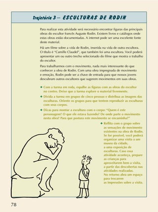 Para realizar esta atividade será necessário encontrar figuras das principais
obras do escultor francês Auguste Rodin. Existem livros e catálogos onde
estas obras estão documentadas. A internet pode ser uma excelente fonte
deste material.
Há um filme sobre a vida de Rodin, inserida na vida de outra escultora.
O título é “Camille Claudel”, que também foi uma escultora. Você poderá
apresentar um ou outro trecho selecionado do filme que mostra o trabalho
do escultor.
Para trabalharmos com o movimento, nada mais interessante do que
conhecer a obra de Rodin. Com uma obra impregnada de movimento
e emoção, Rodin pode ser a chave de entrada para que nossos jovens
descubram outros escultores que sugerem movimentos em suas obras.
✦ Com a turma em roda, espalhe as figuras com as obras do escultor
no centro. Deixe que a turma explore o material livremente.
✦ Divida a turma em grupos de cinco pessoas e distribua as imagens das
esculturas. Oriente os grupos para que tentem reproduzir as esculturas
com seus corpos.
✦ Dicas para montar a escultura com o corpo: “Quem é este
personagem? O que ele estava fazendo? De onde parte o movimento
nesta obra? Para que postura este movimento se encaminha?”
✦ Reflita com o grupo sobre
as sensações de movimento
existentes na obra de Rodin.
Se for possível, você poderá
organizar uma visita a um
museu da cidade,
a uma exposição de
esculturas. Caso essa
atividade aconteça, prepare
as crianças para
aproveitarem bem a visita,
a partir das descobertas nas
atividades realizadas.
No retorno abra um espaço
para trocarem
as impressões sobre a visita.
78
Trajetória 3 – ESCULTURAS DE RODIN
 