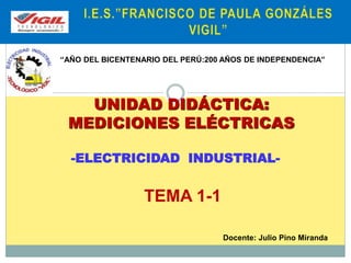 “AÑO DEL BICENTENARIO DEL PERÚ:200 AÑOS DE INDEPENDENCIA”
-ELECTRICIDAD INDUSTRIAL-
UNIDAD DIDÁCTICA:
MEDICIONES ELÉCTRICAS
TEMA 1-1
Docente: Julio Pino Miranda
 