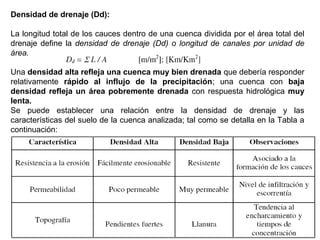 Densidad de drenaje (Dd): 
La longitud total de los cauces dentro de una cuenca dividida por el área total del 
drenaje define la densidad de drenaje (Dd) o longitud de canales por unidad de 
área. 
Una densidad alta refleja una cuenca muy bien drenada que debería responder 
relativamente rápido al influjo de la precipitación; una cuenca con baja 
densidad refleja un área pobremente drenada con respuesta hidrológica muy 
lenta. 
Se puede establecer una relación entre la densidad de drenaje y las 
características del suelo de la cuenca analizada; tal como se detalla en la Tabla a 
continuación: 
 