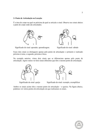 5 
2- Ponto de Articulação ou Locação 
É a área do corpo na qual ou próxima da qual se articula o sinal. Observe nos sinais abaixo 
a parte do corpo onde são articulados. 
Significado do sinal: aprender, aprendizagem. Significado do sinal: sábado 
Esses dois sinais se distinguem apenas pelo ponto de articulação: o primeiro é realizado 
próximo à testa; o segundo, próximo à boca. 
No exemplo anterior, vimos dois sinais que se diferenciam apenas pelo ponto de 
articulação. Agora vamos ver dois sinais diferentes que têm o mesmo ponto de articulação. 
Significado do sinal: queijo Significado do sinal: exemplo, exemplificar 
Ambos os sinais acima têm o mesmo ponto de articulação – o queixo. Na figura abaixo, 
podemos ver vários pontos de articulação em que realizamos os sinais. 
 