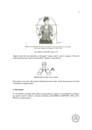 6 
(QUADROS; KARNOPP, 2004, p.57) 
Alguns sinais não são realizados no chamado “espaço neutro”, que é o espaço à frente do 
corpo da pessoa que sinaliza (sinalizador). Vejamos o sinal abaixo: 
Significado do sinal: casa, morar. 
Para realizar este sinal, não tocamos nenhuma parte do corpo. Assim dizemos que esse sinal 
é realizado no espaço neutro. 
3- Movimento 
É o movimento realizado pelas mãos do enunciador no espaço. É um parâmetro complexo 
que pode envolver formas e direções diferentes (QUADROS; KARNOPP, 2004, p.54). 
Observe os sinais abaixo: 
 