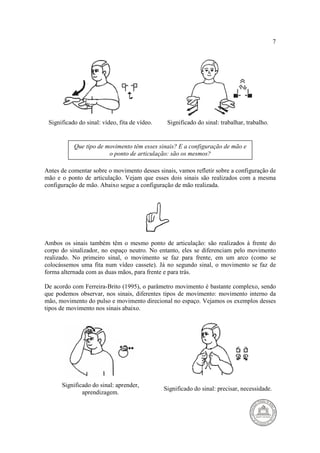 7 
Significado do sinal: vídeo, fita de vídeo. Significado do sinal: trabalhar, trabalho. 
Que tipo de movimento têm esses sinais? E a configuração de mão e 
o ponto de articulação: são os mesmos? 
Antes de comentar sobre o movimento desses sinais, vamos refletir sobre a configuração de 
mão e o ponto de articulação. Vejam que esses dois sinais são realizados com a mesma 
configuração de mão. Abaixo segue a configuração de mão realizada. 
L 
Ambos os sinais também têm o mesmo ponto de articulação: são realizados à frente do 
corpo do sinalizador, no espaço neutro. No entanto, eles se diferenciam pelo movimento 
realizado. No primeiro sinal, o movimento se faz para frente, em um arco (como se 
colocássemos uma fita num vídeo cassete). Já no segundo sinal, o movimento se faz de 
forma alternada com as duas mãos, para frente e para trás. 
De acordo com Ferreira-Brito (1995), o parâmetro movimento é bastante complexo, sendo 
que podemos observar, nos sinais, diferentes tipos de movimento: movimento interno da 
mão, movimento do pulso e movimento direcional no espaço. Vejamos os exemplos desses 
tipos de movimento nos sinais abaixo. 
Significado do sinal: aprender, 
aprendizagem. 
Significado do sinal: precisar, necessidade. 
 