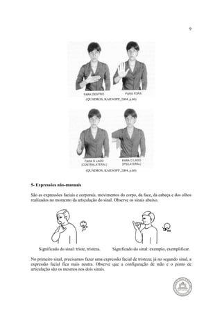 9 
(QUADROS, KARNOPP, 2004, p.60) 
(QUADROS, KARNOPP, 2004, p.60) 
5- Expressões não-manuais 
São as expressões faciais e corporais, movimentos do corpo, da face, da cabeça e dos olhos 
realizados no momento da articulação do sinal. Observe os sinais abaixo. 
Significado do sinal: triste, tristeza. Significado do sinal: exemplo, exemplificar. 
No primeiro sinal, precisamos fazer uma expressão facial de tristeza; já no segundo sinal, a 
expressão facial fica mais neutra. Observe que a configuração de mão e o ponto de 
articulação são os mesmos nos dois sinais. 
 