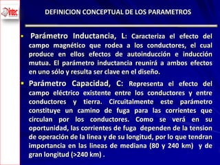 DEFINICION CONCEPTUAL DE LOS PARAMETROS


       Parámetro Inductancia, L: Caracteriza el efecto del
        campo magnético que rodea a los conductores, el cual
        produce en ellos efectos de autoinducción e inducción
        mutua. El parámetro inductancia reunirá a ambos efectos
        en uno sólo y resulta ser clave en el diseño.
     Parámetro Capacidad, C: Representa el efecto del
      campo eléctrico existente entre los conductores y entre
      conductores y tierra. Circuitalmente este parámetro
      constituye un camino de fuga para las corrientes que
      circulan por los conductores. Como se verá en su
      oportunidad, las corrientes de fuga dependen de la tension
      de operación de la linea y de su longitud, por lo que tendran
      importancia en las lineas de mediana (80 y 240 km) y de
5
      gran longitud (>240 km) .
 
