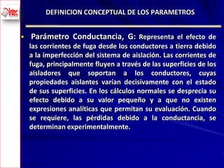 DEFINICION CONCEPTUAL DE LOS PARAMETROS


       Parámetro Conductancia, G: Representa el efecto de
        las corrientes de fuga desde los conductores a tierra debido
        a la imperfección del sistema de aislación. Las corrientes de
        fuga, principalmente fluyen a través de las superficies de los
        aisladores que soportan a los conductores, cuyas
        propiedades aislantes varían decisivamente con el estado
        de sus superficies. En los cálculos normales se desprecia su
        efecto debido a su valor pequeño y a que no existen
        expresiones analíticas que permitan su evaluación. Cuando
        se requiere, las pérdidas debido a la conductancia, se
        determinan experimentalmente.



6
 