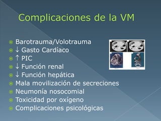  Barotrauma/Volotrauma
 Gasto Cardíaco
 PIC
 Función renal
 Función hepática
 Mala movilización de secreciones
 Neumonía nosocomial
 Toxicidad por oxígeno
 Complicaciones psicológicas
 