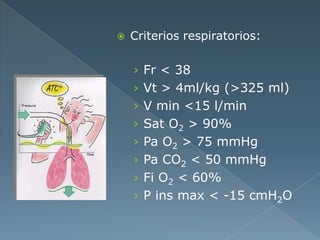  Criterios respiratorios:
› Fr < 38
› Vt > 4ml/kg (>325 ml)
› V min <15 l/min
› Sat O2 > 90%
› Pa O2 > 75 mmHg
› Pa CO2 < 50 mmHg
› Fi O2 < 60%
› P ins max < -15 cmH2O
 