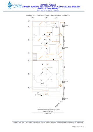 EMPRESA PÚBLICA
EMPRESA MUNICIPAL DE AGUA POTABLE Y ALCANTARILLADO RIOBAMBA
DIRECCION DE INGENIERIA
“JEFATURA DE ESTUDIOS Y DISEÑOS”
____________________________________________________________________________________________
Londres y Av. Juan Félix Proaño. Telefax (03) 2940812- 2940 813 EXT 26 / email: epemapar@emapar.gov.ec. Riobamba
Página 5 de 7
GRAFICO N°1 EJEMPLO DE PLANIMETRIA DE DESAGUES PLUVIALES
 