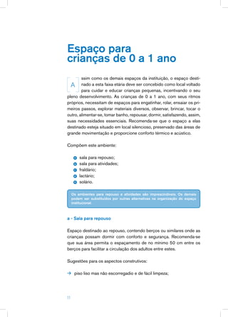 Espaço para
crianças de 0 a 1 ano
        ssim como os demais espaços da instituição, o espaço desti-
  A nado a esta faixa etária deve ser concebido como local voltado
        para cuidar e educar crianças pequenas, incentivando o seu
pleno desenvolvimento. As crianças de 0 a 1 ano, com seus ritmos
próprios, necessitam de espaços para engatinhar, rolar, ensaiar os pri-
meiros passos, explorar materiais diversos, observar, brincar, tocar o
outro, alimentar-se, tomar banho, repousar, dormir, satisfazendo, assim,
suas necessidades essenciais. Recomenda-se que o espaço a elas
destinado esteja situado em local silencioso, preservado das áreas de
grande movimentação e proporcione conforto térmico e acústico.

Compõem este ambiente:

      a   sala para repouso;
      b   sala para atividades;
      c   fraldário;
      d   lactário;
      e   solário.

     Os ambientes para repouso e atividades são imprescindíveis. Os demais
     podem ser substituídos por outras alternativas na organização do espaço
     institucional.



a - Sala para repouso

Espaço destinado ao repouso, contendo berços ou similares onde as
crianças possam dormir com conforto e segurança. Recomenda-se
que sua área permita o espaçamento de no mínimo 50 cm entre os
berços para facilitar a circulação dos adultos entre estes.

Sugestões para os aspectos construtivos:

 piso liso mas não escorregadio e de fácil limpeza;




11
 