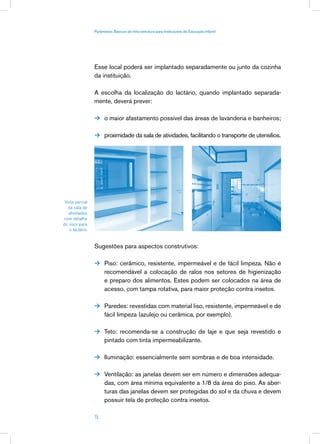 Parâmetros Básicos de Infra-estrutura para Instituições de Educação Infantil




                  Esse local poderá ser implantado separadamente ou junto da cozinha
                  da instituição.

                  A escolha da localização do lactário, quando implantado separada-
                  mente, deverá prever:

                   o maior afastamento possível das áreas de lavanderia e banheiros;


                   proximidade da sala de atividades, facilitando o transporte de utensílios.




 Vista parcial
   da sala de
   atividades
com detalhe
do visor para
    o lactário.


                  Sugestões para aspectos construtivos:

                   Piso: cerâmico, resistente, impermeável e de fácil limpeza. Não é
                        recomendável a colocação de ralos nos setores de higienização
                        e preparo dos alimentos. Estes podem ser colocados na área de
                        acesso, com tampa rotativa, para maior proteção contra insetos.

                   Paredes: revestidas com material liso, resistente, impermeável e de
                        fácil limpeza (azulejo ou cerâmica, por exemplo).

                   Teto: recomenda-se a construção de laje e que seja revestido e
                        pintado com tinta impermeabilizante.

                   Iluminação: essencialmente sem sombras e de boa intensidade.


                   Ventilação: as janelas devem ser em número e dimensões adequa-
                        das, com área mínima equivalente a 1/8 da área do piso. As aber-
                        turas das janelas devem ser protegidas do sol e da chuva e devem
                        possuir tela de proteção contra insetos.

                  15
 
