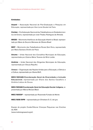 Parâmetros Nacionais de Qualidade para a Educação Infantil — Volume 1




Entidades:


Anped – Associação Nacional de Pós-Graduação e Pesquisa em
Educação, representada por Ana Lúcia Goulart de Faria


Contee – Confederação Nacional dos Trabalhadores em Estabelecimen-
tos de Ensino, representada por José Thadeu Rodrigues de Almeida


MIEIB – Movimento Interfóruns de Educação Infantil no Brasil, represen-
tado por Maria do Socorro Menezes de Oliveira Brasil


MST – Movimento dos Trabalhadores Rurais Sem-Terra, representado
por Maria Santana Onofre de Paiva


Uncme – União Nacional dos Conselhos Municipais de Educação,
representada por Zuleica Maria Tavares de Brito Leitão


Undime – União Nacional dos Dirigentes Municipais de Educação,
representada por Cleuza Repulho


Unesco – Organização das Nações Unidas para a Educação, a Ciência e
a Cultura, representado por Alvana Boff;


MEC/SECAD/Coordenação Geral de Diversidade e Inclusão
Educacional, representada por Eliane dos Santos Cavalleiro e
Andréia Lisboa de Sousa


MEC/SECAD/Coordenação Geral de Educação Escolar Indígena, re-
presentada por Márcia Moraes Black


MEC/SEESP – representada por Roseneide Furtado do Monte


MEC/SEB/DPR – representada por Christiane S. C. de Lyra



Equipe do projeto Cuidar/Educar Crianças Pequenas nas Creches
da ASA
(www.institutogirassol.org.br)




64
 