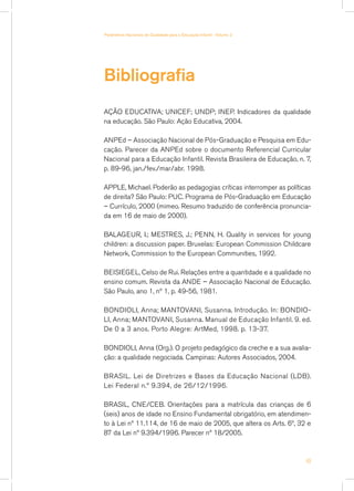 Parâmetros Nacionais de Qualidade para a Educação Infantil - Volume 2




Bibliografia
AÇÃO EDUCATIVA; UNICEF; UNDP; INEP. Indicadores da qualidade
na educação. São Paulo: Ação Educativa, 2004.

ANPEd – Associação Nacional de Pós-Graduação e Pesquisa em Edu-
cação. Parecer da ANPEd sobre o documento Referencial Curricular
Nacional para a Educação Infantil. Revista Brasileira de Educação, n. 7,
p. 89-96, jan./fev./mar/abr. 1998.

APPLE, Michael. Poderão as pedagogias críticas interromper as políticas
de direita? São Paulo: PUC. Programa de Pós-Graduação em Educação
– Currículo, 2000 (mimeo. Resumo traduzido de conferência pronuncia-
da em 16 de maio de 2000).

BALAGEUR, I.; MESTRES, J.; PENN, H. Quality in services for young
children: a discussion paper. Bruxelas: European Commission Childcare
Network, Commission to the European Communities, 1992.

BEISIEGEL, Celso de Rui. Relações entre a quantidade e a qualidade no
ensino comum. Revista da ANDE – Associação Nacional de Educação.
São Paulo, ano 1, nº 1, p. 49-56, 1981.

BONDIOLI, Anna; MANTOVANI, Susanna. Introdução. In: BONDIO-
LI, Anna; MANTOVANI, Susanna. Manual de Educação Infantil. 9. ed.
De 0 a 3 anos. Porto Alegre: ArtMed, 1998. p. 13-37.

BONDIOLI, Anna (Org.). O projeto pedagógico da creche e a sua avalia-
ção: a qualidade negociada. Campinas: Autores Associados, 2004.

BRASIL. Lei de Diretrizes e Bases da Educação Nacional (LDB).
Lei Federal n.º 9.394, de 26/12/1996.

BRASIL, CNE/CEB. Orientações para a matrícula das crianças de 6
(seis) anos de idade no Ensino Fundamental obrigatório, em atendimen-
to à Lei nº 11.114, de 16 de maio de 2005, que altera os Arts. 6º, 32 e
87 da Lei nº 9.394/1996. Parecer nº 18/2005.



                                                                        49
 