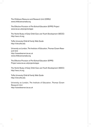 The Childcare Resource and Research Unit (CRRU)
www.childcarecanada.org

The Effective Provision of Pre-School Education (EPPE) Project
www.ioe.ac.uk/projects/eppe

The Nichd Study of Early Child Care and Youth Development (SECC)
http://secc.rti.org

Tuffts University Child  Family Web Guide
http://cfw.tufts.edu

University os London, The Institute of Education, Thomas Coram Rese-
arch Unit
http://ioewebserver.ioe.ac.uk
www.childcarecanada.org

The Effective Provision of Pre-School Education (EPPE)
Project www.ioe.ac.uk/projects/eppe

The Nichd Study of Early Child Care and Youth Development (SEEC)
http://secc.rti.org

Tuffts University Child  Family Web Guide
http://cfw.tufts.edu

University os London, The Institute of Education, Thomas Coram
Research Unit
http://ioewebserver.ioe.ac.uk




58
 