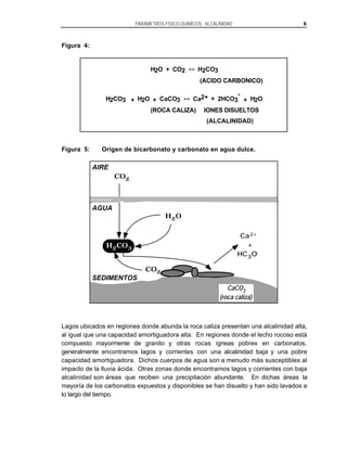 PARAMETROS FISICO-QUIMICOS: ALCALINIDAD 6
Figura 4:
H2O + CO2 H2CO3
(ACIDO CARBONICO)
H2CO3 + H2O + CaCO3 Ca2+ + 2HCO3
-
+ H2O
(ROCA CALIZA) IONES DISUELTOS
(ALCALINIDAD)
Figura 5: Origen de bicarbonato y carbonato en agua dulce.
CO2
H2O
H2CO3
AIRE
AGUA
SEDIMENTOS
Ca2+
+
HC3O-
CO2
CaCO3
(roca caliza)
Lagos ubicados en regiones donde abunda la roca caliza presentan una alcalinidad alta,
al igual que una capacidad amortiguadora alta. En regiones donde el lecho rocoso está
compuesto mayormente de granito y otras rocas ígneas pobres en carbonatos,
generalmente encontramos lagos y corrientes con una alcalinidad baja y una pobre
capacidad amortiguadora. Dichos cuerpos de agua son a menudo más susceptibles al
impacto de la lluvia ácida. Otras zonas donde encontramos lagos y corrientes con baja
alcalinidad son áreas que reciben una precipitación abundante. En dichas áreas la
mayoría de los carbonatos expuestos y disponibles se han disuelto y han sido lavados a
lo largo del tiempo.
 