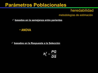 ANOVA basados en la Respuesta a la Selección metodologías de estimación basados en la semejanza entre parientes Parámetros Poblacionales heredabilidad 