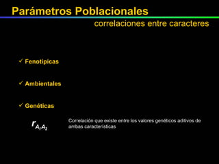 Fenotípicas Ambientales Genéticas Correlación que existe entre los valores genéticos aditivos de ambas características Parámetros Poblacionales correlaciones entre caracteres 
