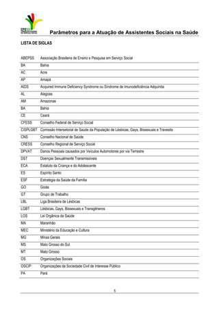 Parâmetros para a Atuação de Assistentes Sociais na Saúde
LISTA DE SIGLAS
ABEPSS

Associação Brasileira de Ensino e Pesquisa em Serviço Social

BA

Bahia

AC

Acre

AP

Amapá

AIDS

Acquired Immune Deficiency Syndrome ou Síndrome de Imunodeficiência Adquirida

AL

Alagoas

AM

Amazonas

BA

Bahia

CE

Ceará

CFESS

Conselho Federal de Serviço Social

CISPLGBT Comissão Intersetorial de Saúde da População de Lésbicas, Gays, Bissexuais e Travestis
CNS

Conselho Nacional de Saúde

CRESS

Conselho Regional de Serviço Social

DPVAT

Danos Pessoais causados por Veículos Automotores por via Terrestre

DST

Doenças Sexualmente Transmissíveis

ECA

Estatuto da Criança e do Adolescente

ES

Espírito Santo

ESF

Estratégia da Saúde da Família

GO

Goiás

GT

Grupo de Trabalho

LBL

Liga Brasileira de Lésbicas

LGBT

Lésbicas, Gays, Bissexuais e Transgêneros

LOS

Lei Orgânica da Saúde

MA

Maranhão

MEC

Ministério da Educação e Cultura

MG

Minas Gerais

MS

Mato Grosso do Sul

MT

Mato Grosso

OS

Organizações Sociais

OSCIP

Organizações da Sociedade Civil de Interesse Público

PA

Pará

5

 