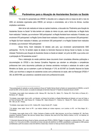 Parâmetros para a Atuação de Assistentes Sociais na Saúde
Tal versão foi apresentada aos CRESS4 e discutida com a categoria entre os meses de abril e maio de
2009, em atividades organizadas pelos CRESS, por serviços e universidades, sob a forma de oficinas, reuniões
ampliadas e seminários.
Além de ter sido realizada em todas as capitais brasileiras, a discussão dos “Parâmetros para Atuação de
Assistentes Sociais na Saúde” foi feita também em cidades do interior do país, assim distribuídas: na Região Norte
foram realizados 7 debates, que envolveram 1800 participantes5; na Região Nordeste foram realizados 16 debates, que
envolveram 970 participantes6; na Região Centro-Oeste foram realizados 3 debates, que envolveram 200 participantes7;
na Região Sul foram realizados 4 debates, que envolveram 200 participantes8; e na Região Sudeste foram realizados
22 debates, que envolveram 1630 participantes9.
Dessa forma, foram totalizados 52 debates pelo país, que envolveram aproximadamente 5000
participantes. Por fim, foi também objeto de debate no Seminário Nacional de Serviço Social na Saúde, na mesa
intitulada “Parâmetros para Atuação de Assistentes Sociais na Saúde em debate”, em junho de 2009, e que contou com
a participação de 700 assistentes sociais10.
Para a elaboração da versão preliminar desse documento foram consultadas diferentes publicações e
documentações do CFESS e dos diversos Conselhos Regionais que abordam as atribuições e competências
profissionais bem como documentos publicados por diversas secretarias municipais e estaduais de saúde e pelo
Ministério da Saúde, que se sustentam a partir da Resolução nº 218, de 6/3/1997 do Conselho Nacional de Saúde
(CNS), que reconhece a categoria de assistentes sociais como profissionais de saúde, além da Resolução CFESS nº
383, de 29/03/1999, que caracteriza o assistente social como profissional de saúde.

4 Essa apresentação foi realizada na reunião ampliada do Grupo de Trabalho Serviço Social na Saúde com representantes de CRESS’s, no dia 03
de abril de 2009, no Rio de Janeiro, na ocasião da realização do Seminário Nacional “O Trabalho do Assistente Social no SUAS”.
5 Os debates, nessa região, foram realizados no AM – Manaus, RR – Boa Vista, PA – Belém, TO – Palmas, RO - Porto Velho e Ji-Paraná, AC –
Rio Branco, AP – Macapá.
6 Os debates, nessa região, foram na BA – em Salvador, no Extremo Sul da Bahia, na Região Metropolitana de Salvador, em Lauro de Freitas, e
em Feira de Santana; PB – João Pessoa; CE – Fortaleza; RN – Natal e Mossoró; PI – Teresina; AL – Maceió; PE – Recife, Juazeiro e Petrolina;
MA – São Luiz; SE – Aracaju.
7

Os debates, nessa região, foram em GO – Goiânia; MS - Campo Grande; MT – Cuiabá.

8

Os debates, nessa região, foram no PR – que realizou debates por núcleos regionais, e em Londrina; no RS - em Porto Alegre: SC –
Florianópolis,

9 Os debates, nessa região, foram no ES – Vitória, Cachoeira e Colatina; em MG - Belo Horizonte, Juiz de Fora e Uberlândia; SP - São Paulo,
Araçatuba, Presidente Prudente, São José dos Campos, Bauru, Campinas, São José do Rio Preto, Marília e Santos; e no RJ - em Resende, em
Macaé e no Rio de Janeiro.
10

O Seminário Nacional de Serviço Social na Saúde, promovido pelo CFESS e CRESS 4ª Região, foi realizado na cidade de Olinda – PE – entre
os dias 8, 9 e 10 de junho de 2009, e transmitido em tempo real pelo sítio eletrônico do CFESS, possibilitando a participação de 3000 pessoas
(contabilizadas a partir dos acessos a esse sítio eletrônico nesses dias), inclusive na mesa que discutiu esse documento.

8

 