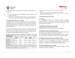 MUNICIPALIDAD
PROVINCIAL DE
AREQUIPA
IMPLA
Instituto Municipal
de Planeamiento
103
El diseño de lotización y vías para fines de habilitación, deberá ajustarse a
lo siguiente:
 El área de lote será igual a lo establecido Título III, Capítulo 1 del
presente reglamento.
 El diseño de vías deberá adecuarse tanto en la continuidad de su
trazo, y en sus secciones transversales a lo establecido en el Plan Vial.
2.4 Aportes reglamentarios para uso público
Los propietarios o titulares de los predios sujetos a los procesos de
habilitación urbana en las áreas determinadas en el Plan de Desarrollo
Metropolitano, están sujetos a la obligación urbanística de efectuar o ceder
los Aportes Reglamentarios, los mismos que se establecen en relación a la
densidad poblacional.
Los aportes de Habilitación Urbana constituyen un porcentaje del Área
Bruta descontando las áreas de cesión para vías expresas, arteriales y las
áreas de reserva para proyectos de carácter provincial o regional y se fijan
de acuerdo al tipo de Habilitación Residencial a ejecutar.
APORTES REGLAMENTARIOS PARA HABILITACIONES URBANAS CON FINES
RESIDENCIALES
Tipo de Habilitación Recreación
Pública
Educación* Otros
Fines*
Estudios
Urbanos
FCMP
Residencial Densidad
Baja (RDB)
10 % 2 % 1 % 0.5 % 2 %
Residencial Densidad
Media (RDM)
10 % 2 % 3 % 0.5 % 2 %
Residencial Densidad
Alta (RDA)
17 % 3 % 4 % 0.5 % 2 %
Vivienda Taller I1R 10 % 2 % 2 % 0.5 % 2 %
Se priorizará la entrega de aportes en terreno, incluso si éstos no cumplieran con los
requisitos mínimos establecidos en el Reglamento Nacional de Edificaciones,
consolidándose además todos los aportes en un solo lote.
(*) Los aportes en terreno menores a 90 m2 podrán ser redimidos en dinero
Notas.
Aporte monetario por Estudios Urbanos 0.5% destinados para el IMPLA
Aporte FCMP (Fondo de Creación y mantenimiento de Parques) 2% para los distritos en
donde se realice la habilitación urbana
3. Habilitaciones para Uso Comercial
3.1 Definición
Son Habilitaciones para uso Comercial aquellas destinadas
predominantemente a la edificación de locales donde se comercializan
bienes y/o servicios y que se realizan sobre terrenos calificados con una
Zonificación afín o compatible.
3.2 Clasificación de Habilitaciones Comerciales
Habilitaciones para uso de Comercial Exclusivo
Habilitaciones para uso de Comercio y otros usos (Uso Mixto)
3.3 Habilitaciones para uso de Comercio Exclusivo
Son aquellas conformadas por lotes para fines de edificación conformadas
por lotes para fines de edificación de locales comerciales.
No están obligadas a entregar Aportes de Habilitación Urbana, puesto que
por sus características constituyen un equipamiento urbano de la ciudad.
3.4 Habilitaciones para usos Comercial y Otros Usos - Mixto
Son aquellas conformadas por lotes para fines de edificación de locales
comerciales y de usos compatibles como vivienda, vivienda-taller o
industria, con sujeción a los parámetros establecidos en los planos de
Zonificación y su Reglamento del Plan de Desarrollo Metropolitano.
3.5 Aportes reglamentarios para uso público
Estos tipos de habilitación deberán cumplir con efectuar aportes, para fines
específicos de acuerdo a lo siguiente:
 