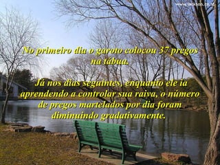   No primeiro dia o garoto colocou 37 pregos na tábua.  Já nos dias seguintes, enquanto ele ia aprendendo a controlar sua raiva, o número de pregos martelados por dia foram diminuindo gradativamente.  