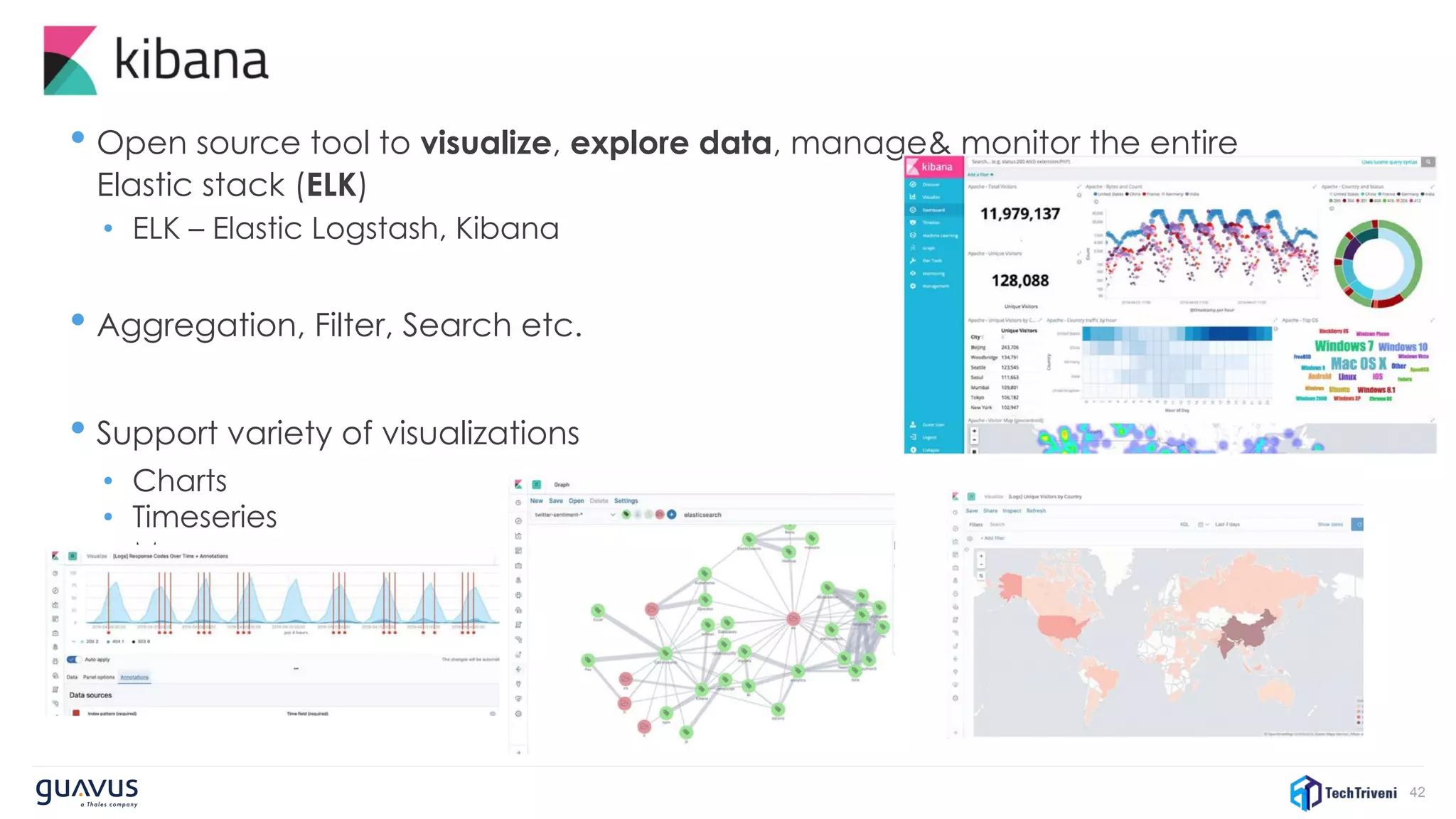 42
• Open source tool to visualize, explore data, manage& monitor the entire
Elastic stack (ELK)
• ELK – Elastic Logstash, Kibana
• Aggregation, Filter, Search etc.
• Support variety of visualizations
• Charts
• Timeseries
• Maps
 