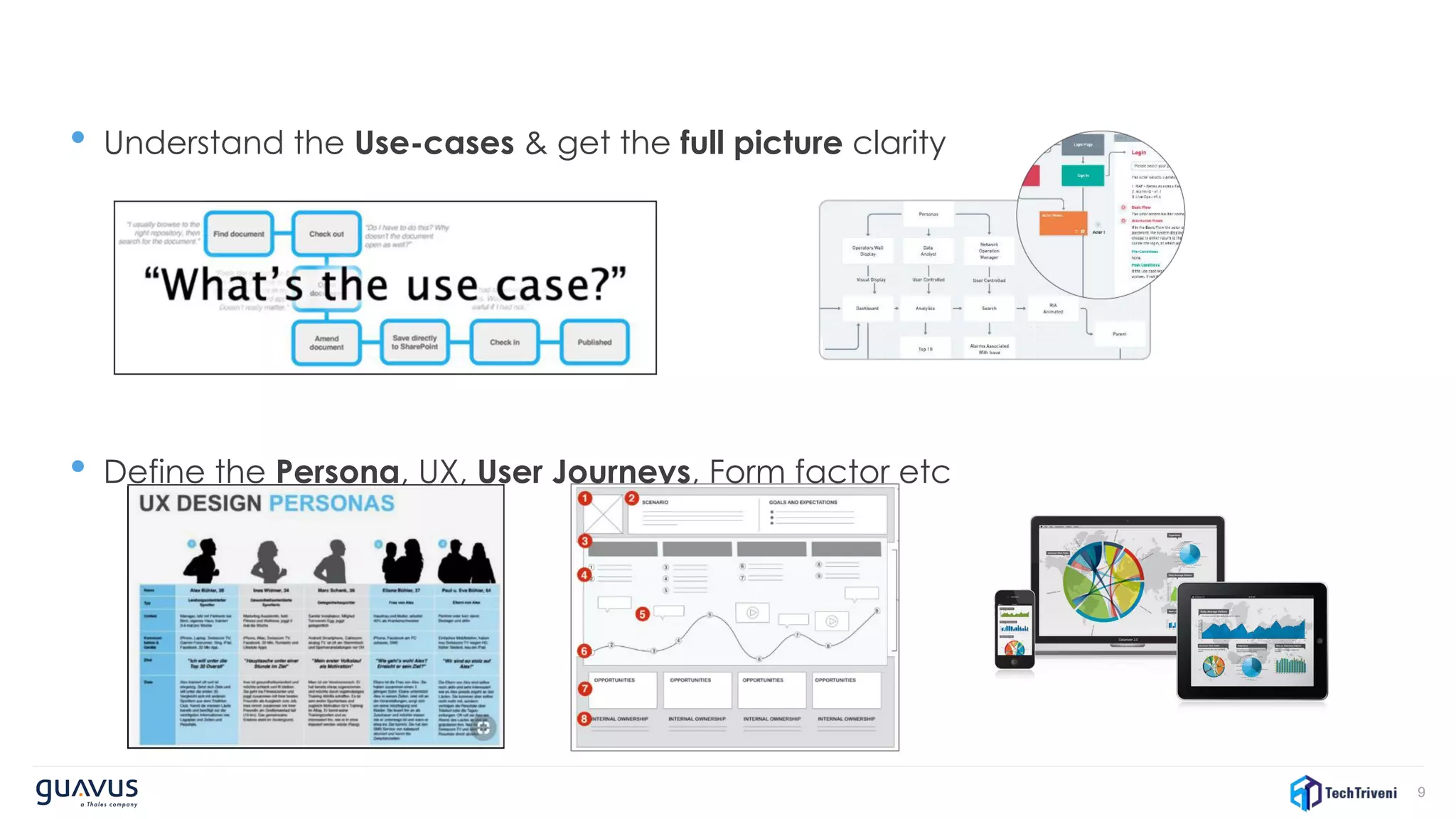 9
• Understand the Use-cases & get the full picture clarity
• Define the Persona, UX, User Journeys, Form factor etc
 