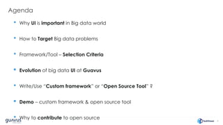 4
Agenda
• Why UI is important in Big data world
• How to Target Big data problems
• Framework/Tool – Selection Criteria
• Evolution of big data UI at Guavus
• Write/Use “Custom framework” or “Open Source Tool” ?
• Demo – custom framework & open source tool
• Why to contribute to open source
 