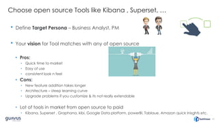 40
Choose open source Tools like Kibana , Superset, …
• Define Target Persona – Business Analyst, PM
• Your vision for Tool matches with any of open source
• Pros:
• Quick time to market
• Easy of use
• consistent look n feel
• Cons:
• New feature addition takes longer
• Architecture – steep learning curve
• Upgrade problems if you customize & its not really extendable
• Lot of tools in market from open source to paid
• Kibana, Superset , Graphana, kibi, Google Data platform, powerBI, Tablaue, Amazon quick Inisghts etc.
 