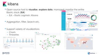 42
• Open source tool to visualize, explore data, manage& monitor the entire
Elastic stack (ELK)
• ELK – Elastic Logstash, Kibana
• Aggregation, Filter, Search etc.
• Support variety of visualizations
• Charts
• Timeseries
• Maps
 