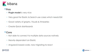 43
•Pros
• Plugin model is very nice
• Very good for Elastic & Search use cases which needs ELK
• Good variety of graphs, Visuals & timeseries
• Create Quick dashboards
•Cons
• Not able to connect to multiple data sources natively
• Heavily dependent on Elastic
• AngularJS based code, now migrating to react
 