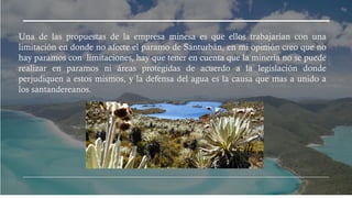 Una de las propuestas de la empresa minesa es que ellos trabajarían con una
limitación en donde no afecte el paramo de Santurbán, en mi opinión creo que no
hay paramos con limitaciones, hay que tener en cuenta que la minería no se puede
realizar en paramos ni áreas protegidas de acuerdo a la legislación donde
perjudiquen a estos mismos, y la defensa del agua es la causa que mas a unido a
los santandereanos.
 
