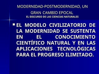 MODERNIDAD-POSTMODERNIDAD, UN
MODERNIDAD-POSTMODERNIDAD, UN
GRAN
GRAN CAMBIO EPOCAL
CAMBIO EPOCAL
EL DISCURSO DE LAS CIENCIAS NATURALES
EL DISCURSO DE LAS CIENCIAS NATURALES
 EL MODELO CIVILIZATORIO DE
EL MODELO CIVILIZATORIO DE
LA MODERNIDAD SE SUSTENTA
LA MODERNIDAD SE SUSTENTA
EN EL CONOCIMIENTO
EN EL CONOCIMIENTO
CIENTÍFICO NATURAL Y EN LAS
CIENTÍFICO NATURAL Y EN LAS
APLICACIONES TECNOLÓGICAS
APLICACIONES TECNOLÓGICAS
PARA EL PROGRESO ILIMITADO.
PARA EL PROGRESO ILIMITADO.
 