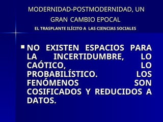 MODERNIDAD-POSTMODERNIDAD, UN
MODERNIDAD-POSTMODERNIDAD, UN
GRAN
GRAN CAMBIO EPOCAL
CAMBIO EPOCAL
EL TRASPLANTE ILÍCITO A LAS CIENCIAS SOCIALES
EL TRASPLANTE ILÍCITO A LAS CIENCIAS SOCIALES
 NO EXISTEN ESPACIOS PARA
NO EXISTEN ESPACIOS PARA
LA INCERTIDUMBRE, LO
LA INCERTIDUMBRE, LO
CAÓTICO, LO
CAÓTICO, LO
PROBABILÍSTICO. LOS
PROBABILÍSTICO. LOS
FENÓMENOS SON
FENÓMENOS SON
COSIFICADOS Y REDUCIDOS A
COSIFICADOS Y REDUCIDOS A
DATOS.
DATOS.
 