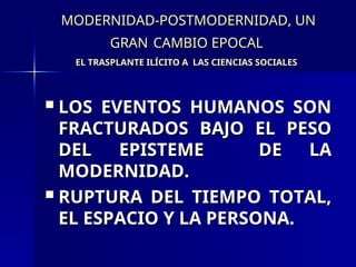 MODERNIDAD-POSTMODERNIDAD, UN
MODERNIDAD-POSTMODERNIDAD, UN
GRAN
GRAN CAMBIO EPOCAL
CAMBIO EPOCAL
EL TRASPLANTE ILÍCITO A LAS CIENCIAS SOCIALES
EL TRASPLANTE ILÍCITO A LAS CIENCIAS SOCIALES
 LOS EVENTOS HUMANOS SON
LOS EVENTOS HUMANOS SON
FRACTURADOS BAJO EL PESO
FRACTURADOS BAJO EL PESO
DEL EPISTEME DE LA
DEL EPISTEME DE LA
MODERNIDAD.
MODERNIDAD.
 RUPTURA DEL TIEMPO TOTAL,
RUPTURA DEL TIEMPO TOTAL,
EL ESPACIO Y LA PERSONA.
EL ESPACIO Y LA PERSONA.
 