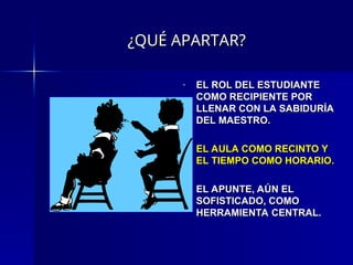 ¿QUÉ APARTAR?
¿QUÉ APARTAR?
- EL ROL DEL ESTUDIANTE
EL ROL DEL ESTUDIANTE
COMO RECIPIENTE POR
COMO RECIPIENTE POR
LLENAR CON LA SABIDURÍA
LLENAR CON LA SABIDURÍA
DEL MAESTRO.
DEL MAESTRO.
- EL AULA COMO RECINTO Y
EL AULA COMO RECINTO Y
EL TIEMPO COMO HORARIO.
EL TIEMPO COMO HORARIO.
- EL APUNTE, AÚN EL
EL APUNTE, AÚN EL
SOFISTICADO, COMO
SOFISTICADO, COMO
HERRAMIENTA CENTRAL.
HERRAMIENTA CENTRAL.
 