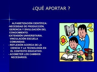 ¿QUÉ APORTAR ?
¿QUÉ APORTAR ?
ALFABETIZACIÓN CIENTÍFICA:
ALFABETIZACIÓN CIENTÍFICA:
-NECESIDAD DE PRODUCCIÓN,
-NECESIDAD DE PRODUCCIÓN,
GERENCIA Y DIVULGACIÓN DEL
GERENCIA Y DIVULGACIÓN DEL
CONOCIMIENTO.
CONOCIMIENTO.
-EXTENSIÓN UNIVERSITARIA.
-EXTENSIÓN UNIVERSITARIA.
VINCULACIÓN ESCUELA
VINCULACIÓN ESCUELA
COMUNIDAD.
COMUNIDAD.
- - REFLEXIÓN ACERCA DE LA
- REFLEXIÓN ACERCA DE LA
- CIENCIA Y LA TECNOLOGÍA EN
CIENCIA Y LA TECNOLOGÍA EN
- EL CONTEXTO EDUCATIVO.
EL CONTEXTO EDUCATIVO.
- - ACOMETER LOS CAMBIOS
- ACOMETER LOS CAMBIOS
- NECESARIOS.
NECESARIOS.
 