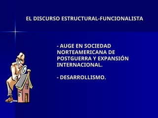 EL DISCURSO ESTRUCTURAL-FUNCIONALISTA
EL DISCURSO ESTRUCTURAL-FUNCIONALISTA
- AUGE EN SOCIEDAD
- AUGE EN SOCIEDAD
NORTEAMERICANA DE
NORTEAMERICANA DE
POSTGUERRA Y EXPANSIÓN
POSTGUERRA Y EXPANSIÓN
INTERNACIONAL.
INTERNACIONAL.
- DESARROLLISMO.
- DESARROLLISMO.
 
