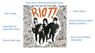 Main Image
Album Name
Copyright and
Legal Information
Record Label Logo
Artist and Record Label’s
Websites Address’
Artist’s Social Media
Information
Artist Name With Band Members Roles