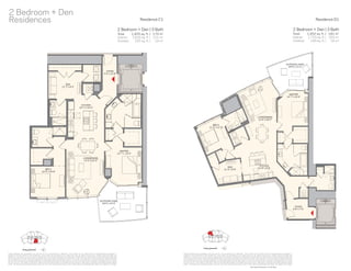 Residence C1
Total:
Interior:
Outdoor:
2 Bedroom + Den | 3 Bath
170 m2
151 m2
19 m2
1,835 sq. ft. |
1,630 sq. ft. |
205 sq. ft. |
2 Bedroom + Den
Residences
FOYER
5’ 0” x 13’ 8”
DEN
11’ 7” x 9’ 5”
KITCHEN
12’ 7” x 12’ 3”
MASTER
12’ 7” x 13’ 0”
LIVING/DINING
13’ 0” x 22’ 6”
BED 2
12’ 0” x 10’ 8”
OUTDOOR LIVING
16’ 0” x 12’ 0”
These drawings are conceptual only and are for the convenience of reference. They should not be relied upon as representations, express or
implied, of the ﬁnal detail of the residences. Units shown are examples of unit types and may not depict actual units. Stated square footages are
ranges for a particular unit type and are measured to the exterior boundaries of the exterior walls and the centerline of interior demising walls and
in fact vary from the area that would be determined by using the description and deﬁnition of the “Unit” set forth in the Declaration (which generally
only includes the interior airspace between the perimeter walls and excludes interior structural components). Note that measurements of rooms
set forth on this ﬂoor plan are generally taken at the greatest points of each given room (as if the room were a perfect rectangle), without regard
for any cutouts. Accordingly, the area of the actual room will typically be smaller than the product obtained by multiplying the stated length times
width. All dimensions are approximate and may vary with actual construction, and all ﬂoor plans and development plans are subject to change.
C
M
Y
CM
MY
CY
CMY
K
03_Unit D1 (reverse 09 D2)1.pdf 1 12/6/14 8:07 PM
Residence D1
2 Bedroom + Den | 3 Bath
181 m2
163 m2
18 m2
1,952 sq. ft. |
1,753 sq. ft. |
199 sq. ft. |
C
M
Y
CM
MY
CY
CMY
K
03_Unit D1 (reverse 09 D2)1.pdf 1 12/6/14 8:07 PM
OUTDOOR LIVING
18’ 8” x 11’ 3”
MASTER
12’ 7” x 13’ 0”
LIVING/DINING
14’ 0” x 28’ 0”
BED 2
11’ 3” x 11’ 0”
DEN
11’ 0” x 9’ 8”
FOYER
8’ 9” x 7’ 6”
See Legal Disclaimers on Final Page
These drawings are conceptual only and are for the convenience of reference. They should not be relied upon as representations, express or
implied, of the ﬁnal detail of the residences. Units shown are examples of unit types and may not depict actual units. Stated square footages are
ranges for a particular unit type and are measured to the exterior boundaries of the exterior walls and the centerline of interior demising walls and
in fact vary from the area that would be determined by using the description and deﬁnition of the “Unit” set forth in the Declaration (which generally
only includes the interior airspace between the perimeter walls and excludes interior structural components). Note that measurements of rooms
set forth on this ﬂoor plan are generally taken at the greatest points of each given room (as if the room were a perfect rectangle), without regard
for any cutouts. Accordingly, the area of the actual room will typically be smaller than the product obtained by multiplying the stated length times
width. All dimensions are approximate and may vary with actual construction, and all ﬂoor plans and development plans are subject to change.
Total:
Interior:
Outdoor:
KITCHEN
12’ 6” x 8’ 9”
 