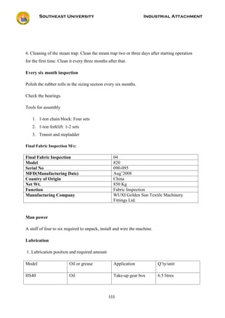 Southeast University Industrial Attachment
115
4. Cleaning of the steam trap: Clean the steam trap two or three days after starting operation
for the first time. Clean it every three months after that.
Every six month inspection
Polish the rubber rolls in the sizing section every six months.
Check the bearings.
Tools for assembly
1. 1-ton chain block: Four sets
2. 1-ton forklift: 1-2 sets
3. Transit and stepladder
Final Fabric Inspection M/c:
Final Fabric Inspection 04
Model 820
Serial No 090-095
MFD(Manufacturing Date) Aug’2008
Country of Origin China
Net Wt. 850 Kg
Function Fabric Inspection
Manufacturing Company WUXI Golden Sun Textile Machinery
Fittings Ltd.
Man power
A staff of four to six required to unpack, install and wire the machine.
Lubrication
1. Lubrication position and required amount
Model Oil or grease Application Q’ty/unit
HS40 Oil Take-up gear box 6.5 litres
 