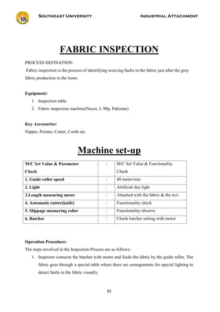 Southeast University Industrial Attachment
82
FABRIC INSPECTION
PROCESS DEFINATION:
Fabric inspection is the process of identifying weaving faults in the fabric just after the grey
fabric production in the loom.
Equipment:
1. Inspection table
2. Fabric inspection machine(Nazer, L 90p, Pakistan)
Key Accessories:
Nipper, Pointer, Cutter, Comb etc.
Machine set-up
M/C Set Value & Parameter
Check
: M/C Set Value & Functionality
Check
1. Guide roller speed : 40 meter/min
2. Light : Artificial day light
3.Length measuring meter : Attached with the fabric & the m/c
4. Automatic cutter(knife) : Functionality check
5. Slippage measuring roller : Functionality observe
6. Batcher : Check batcher setting with motor
Operation Procedure:
The steps involved in the Inspection Process are as follows:
1. Inspector connects the batcher with motor and feeds the fabric by the guide roller. The
fabric goes through a special table where there are arrangements for special lighting to
detect faults in the fabric visually.
 