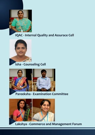 Pareeksha - Examination Committee
Lakshya - Commerce and Management Forum
IQAC - Internal Quality and Assurace Cell
Isha - Counseling Cell
 