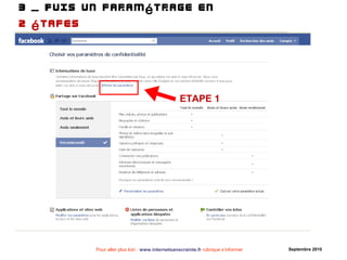 Pour aller plus loin : www.internetsanscrainte.fr rubrique s’informer Septembre 2010
3 Puis un param trage en– é
2 tapesé
ETAPE 1
 