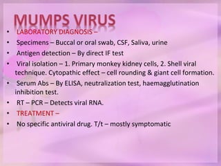 • LABORATORY DIAGNOSIS –
• Specimens – Buccal or oral swab, CSF, Saliva, urine
• Antigen detection – By direct IF test
• Viral isolation – 1. Primary monkey kidney cells, 2. Shell viral
technique. Cytopathic effect – cell rounding & giant cell formation.
• Serum Abs – By ELISA, neutralization test, haemagglutination
inhibition test.
• RT – PCR – Detects viral RNA.
• TREATMENT –
• No specific antiviral drug. T/t – mostly symptomatic
 