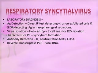 • LABORATORY DIAGNOSIS –
• Ag Detection – Direct IF test detecting virus on exfoliated cells &
ELISA detecting Ag in nasopharyngeal secretions.
• Virus Isolation – HeLa & HEp – 2 cell lines for RSV isolation .
Characteristic CPE – Syncytium formation.
• Antibody Detection – IF, neutralization tests, ELISA.
• Reverse Transcriptase PCR – Viral RNA.
 