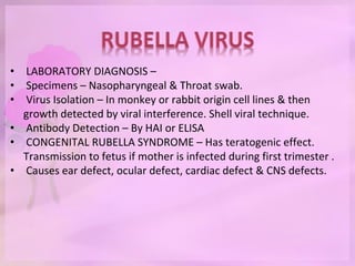 • LABORATORY DIAGNOSIS –
• Specimens – Nasopharyngeal & Throat swab.
• Virus Isolation – In monkey or rabbit origin cell lines & then
growth detected by viral interference. Shell viral technique.
• Antibody Detection – By HAI or ELISA
• CONGENITAL RUBELLA SYNDROME – Has teratogenic effect.
Transmission to fetus if mother is infected during first trimester .
• Causes ear defect, ocular defect, cardiac defect & CNS defects.
 