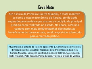 Erva Mate Até o início da Primeira Guerra Mundial, o mate manteve-se como o esteio econômico do Paraná, sendo após superado pela madeira que assume a condição de principal produto comercializado no Estado. Na época, o Paraná contava com mais de 90 engenhos destinados ao beneficiamento da erva-mate, sendo exportado sobretudo para o mercado platino. Atualmente, o Estado do Paraná apresenta 176 municípios ervateiros, distribuídos em 11 núcleos regionais de administração. São eles: Campo Mourão, Cascavel, Curitiba, Francisco Beltrão, Guarapuava, Irati, Ivaiporã, Pato Branco, Ponta Grossa, Toledo e União da Vitória. 