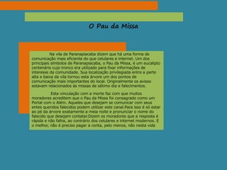 O Pau da Missa
Na vila de Paranapiacaba dizem que há uma forma de
comunicação mais eficiente do que celulares e internet. Um dos
principais símbolos de Paranapiacaba, o Pau da Missa, é um eucalipto
centenário cujo tronco era utilizado para fixar informações de
interesse da comunidade. Sua localização privilegiada entre a parte
alta e baixa da vila tornou esta árvore um dos pontos de
comunicação mais importantes do local. Originalmente os avisos
estavam relacionados às missas de sétimo dia e falecimentos.
Esta vinculação com a morte faz com que muitos
moradores acreditem que o Pau da Missa foi consagrado como um
Portal com o Além. Aqueles que desejam se comunicar com seus
entes queridos falecidos podem utilizar este canal.Para isso é só estar
ao pé da árvore exatamente a meia noite e pronunciar o nome do
falecido que desejam contatar.Dizem os moradores que a resposta é
rápida e não falha, ao contrário dos celulares e internet modernos. E
o melhor, não é preciso pagar a conta, pelo menos, não nesta vida
 