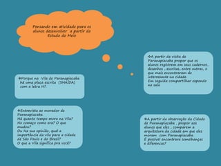 A partir da observação da Cidade
de Paranapiacaba , propor aos
alunos que eles , comparem a
arquitetura da cidade em que eles
moram com Paranapiacaba.
É possivel encontrara semelhanças
e diferencas?
Entrevista ao morador de
Paranapiacaba.
Há quanto tempo mora na Vila?
No começo como era? O que
mudou?
Ou Na sua opinião, qual a
importância da vila para a cidade
de São Paulo e do Brasil?
O que a Vila significa pra você?
Porque na Vila de Paranapiacaba
há uma placa escrita (SHAÍDA)
com a letra H?.
Pensando em atividade para os
alunos desenvolver a partir do
Estudo do Meio
A partir da visita de
Paranapiacaba propor que os
alunos registrem em seus cadernos,
desenhos , escritas, entre outras, o
que mais encontraram de
interessante na cidade.
Em seguida compartilhar expondo
na sala
 